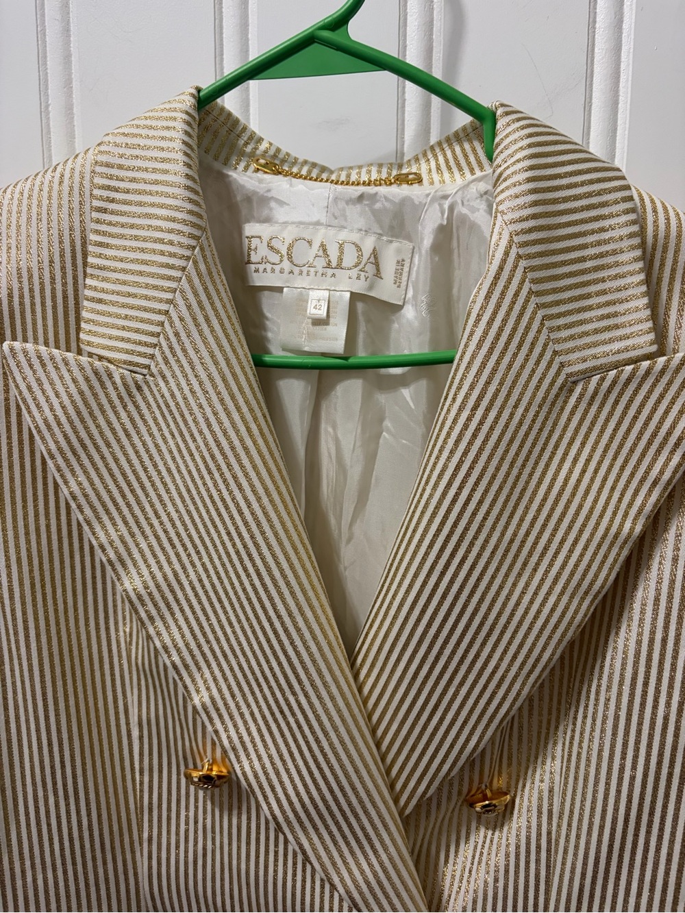 Vintage ESCADA Margaretha Ley Gold Metallic Stripe Double Breasted Blazer 42 - Picture 4 of 12